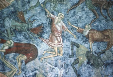 Sünder, die von Dämonen gezogen werden, Detail der Himmelsleiter-Malerei, Nordwand der Kirche, ca. 1601